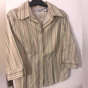 Women medium, button down shirt, elbow length, green and brown stripes